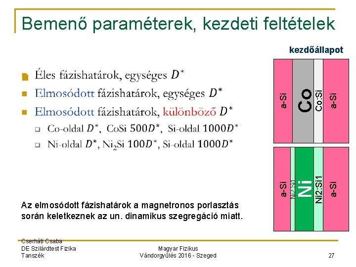 Bemenő paraméterek, kezdeti feltételek kezdőállapot Cserháti Csaba DE Szilárdtest Fizika Tanszék Magyar Fizikus Vándorgyűlés