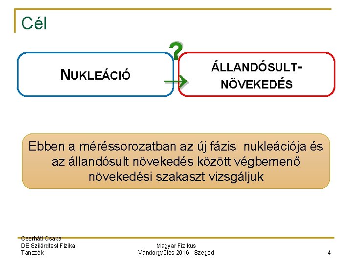 Cél NUKLEÁCIÓ ? ÁLLANDÓSULTNÖVEKEDÉS Ebben a méréssorozatban az új fázis nukleációja és az állandósult