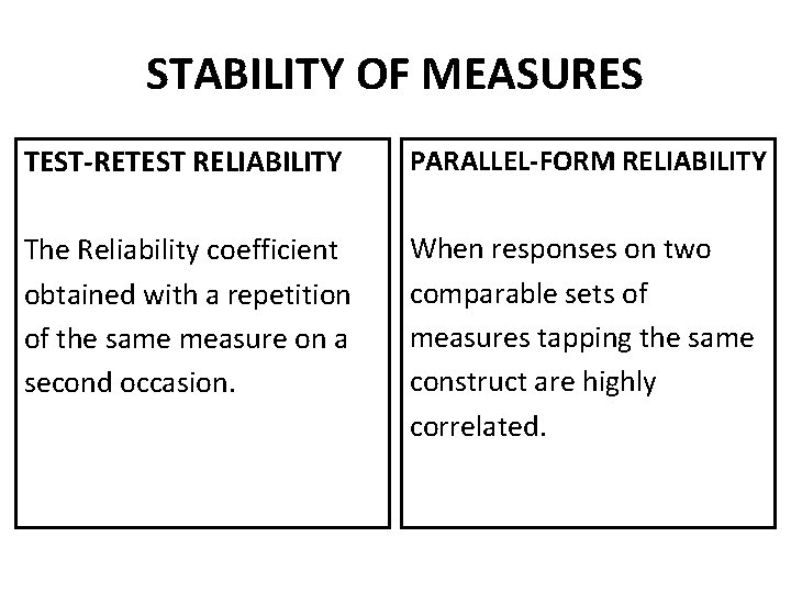 STABILITY OF MEASURES TEST-RETEST RELIABILITY PARALLEL-FORM RELIABILITY The Reliability coefficient obtained with a repetition