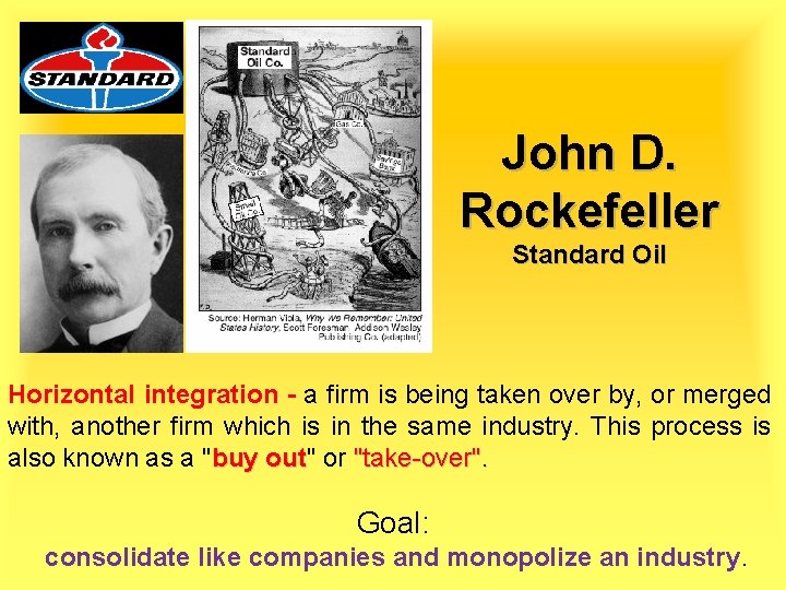 John D. Rockefeller Standard Oil Horizontal integration - a firm is being taken over