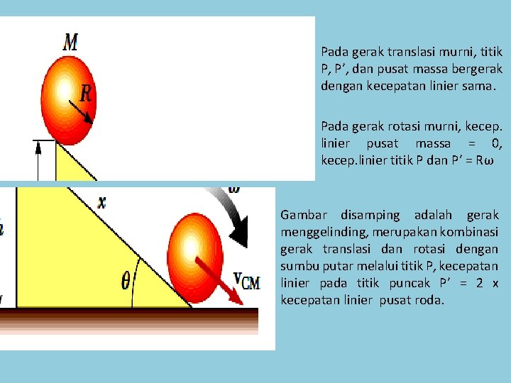 Pada gerak translasi murni, titik P, P’, dan pusat massa bergerak dengan kecepatan linier