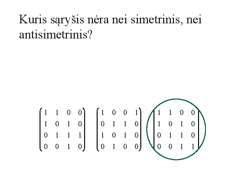 Kuris sąryšis nėra nei simetrinis, nei antisimetrinis? 1 1 0 0 1 1 1