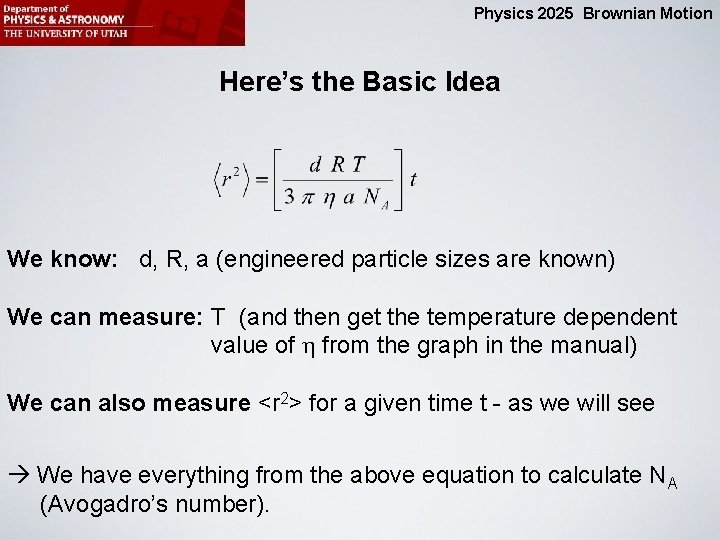 Physics 2025 Brownian Motion Here’s the Basic Idea We know: d, R, a (engineered