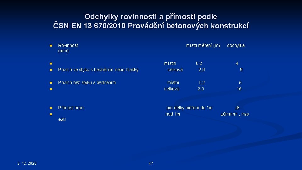 Odchylky rovinnosti a přímosti podle ČSN EN 13 670/2010 Provádění betonových konstrukcí n Rovinnost