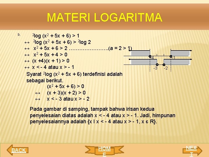 MATERI LOGARITMA b. 2 log (x 2 + 5 x + 6) > 1