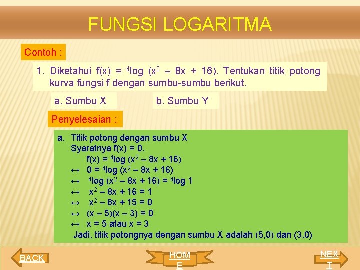 FUNGSI LOGARITMA Contoh : 1. Diketahui f(x) = 4 log (x 2 – 8