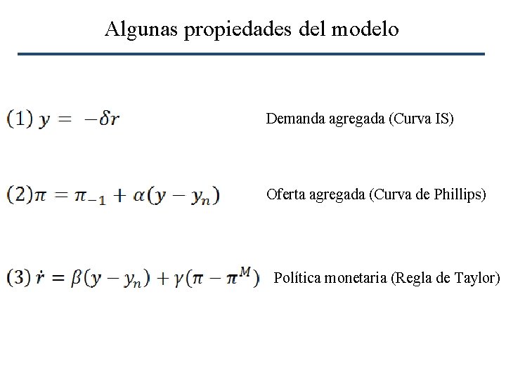 Algunas propiedades del modelo Demanda agregada (Curva IS) Oferta agregada (Curva de Phillips) Política