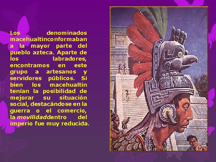 Los denominados macehualtin conformaban a la mayor parte del pueblo azteca. Aparte de los