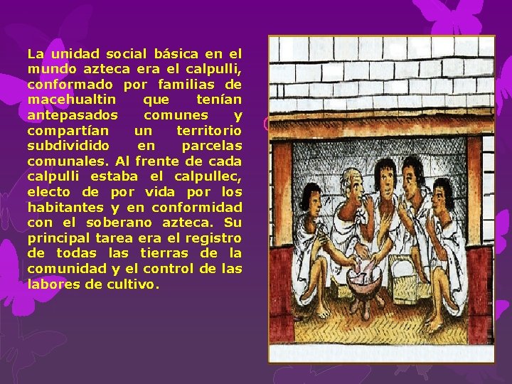 La unidad social básica en el mundo azteca era el calpulli, conformado por familias