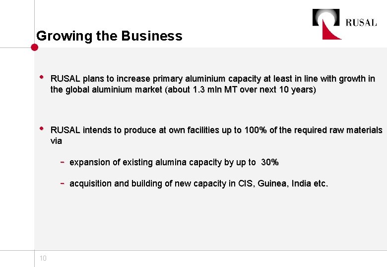 Growing the Business • • RUSAL plans to increase primary aluminium capacity at least
