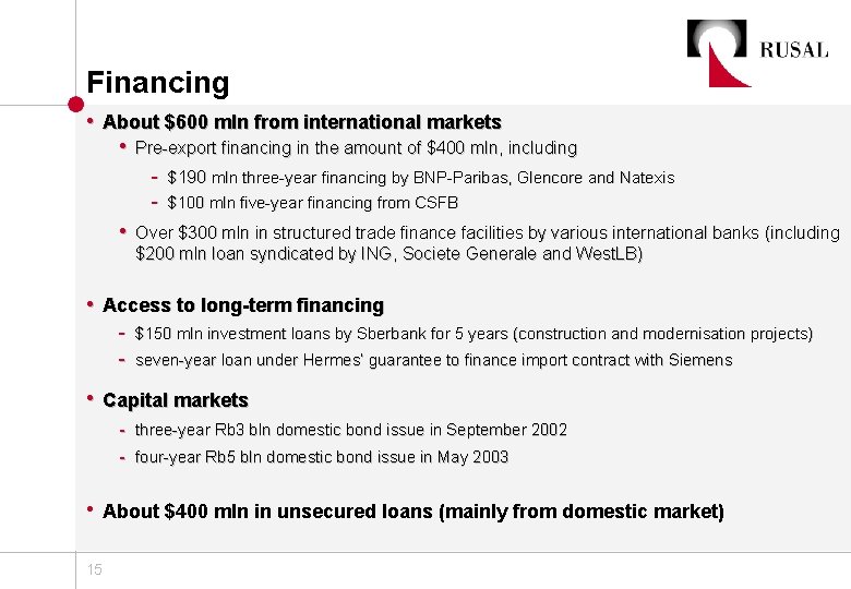 Financing • About $600 mln from international markets • Pre-export financing in the amount