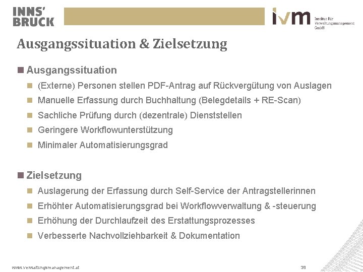 Ausgangssituation & Zielsetzung Ausgangssituation (Externe) Personen stellen PDF-Antrag auf Rückvergütung von Auslagen Manuelle Erfassung