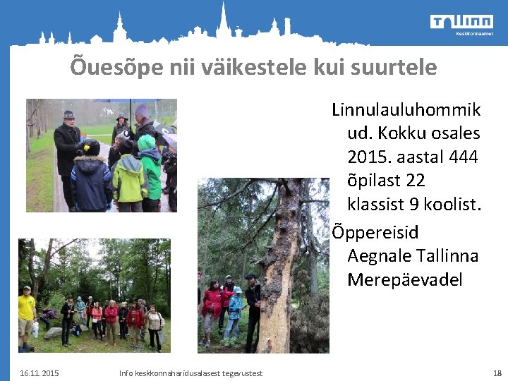 Õuesõpe nii väikestele kui suurtele Linnulauluhommik ud. Kokku osales 2015. aastal 444 õpilast 22