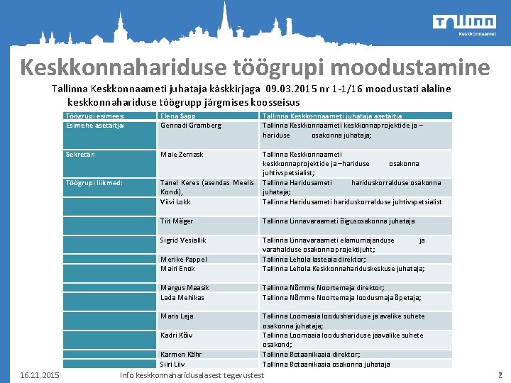 Keskkonnahariduse töögrupi moodustamine Tallinna Keskkonnaameti juhataja käskkirjaga 09. 03. 2015 nr 1 -1/16 moodustati