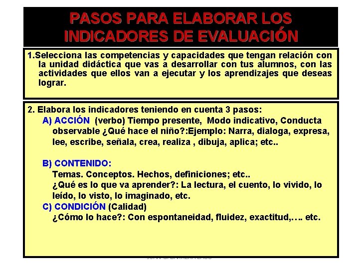 PASOS PARA ELABORAR LOS INDICADORES DE EVALUACIÓN 1. Selecciona las competencias y capacidades que