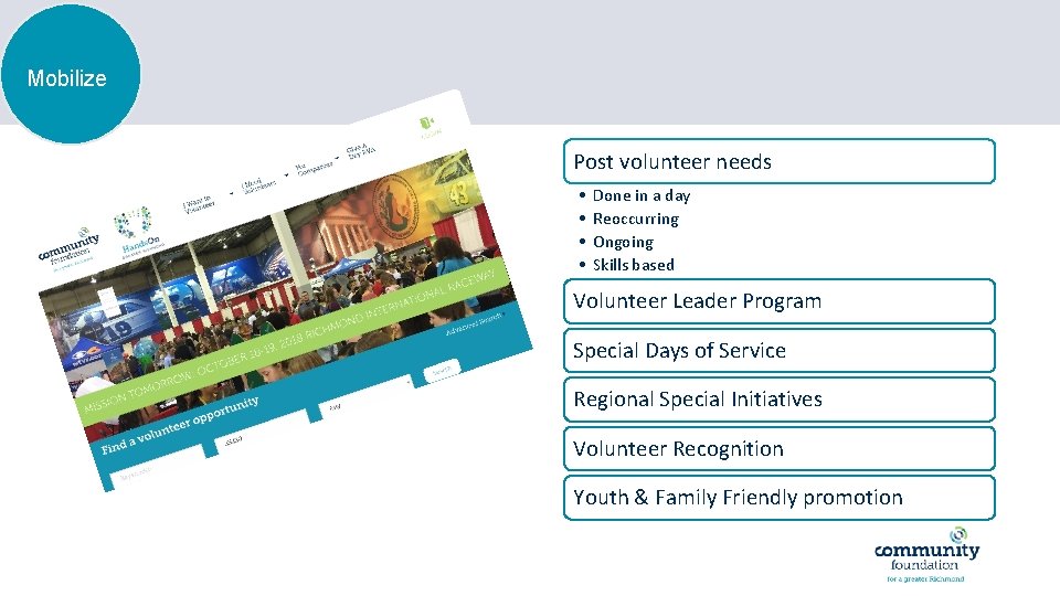 Mobilize Post volunteer needs • • Done in a day Reoccurring Ongoing Skills based