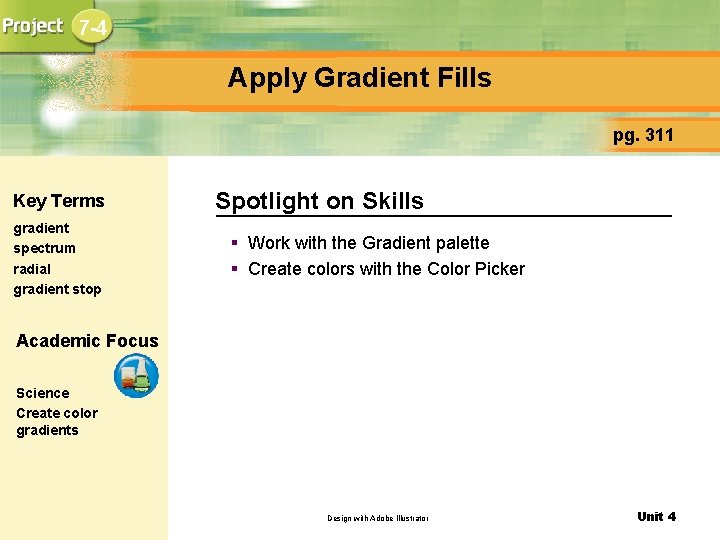 7 -4 Apply Gradient Fills pg. 311 Key Terms gradient spectrum radial gradient stop