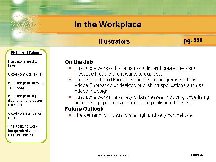 In the Workplace Illustrators pg. 330 Skills and Talents Illustrators need to have: Good
