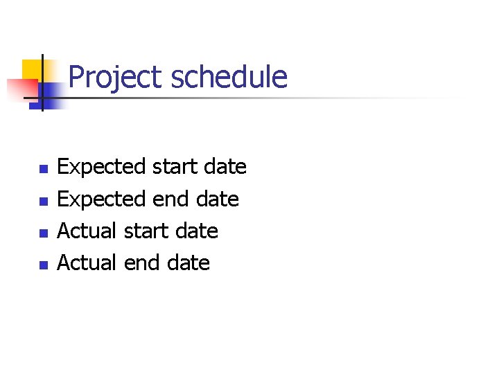 Project schedule n n Expected start date Expected end date Actual start date Actual