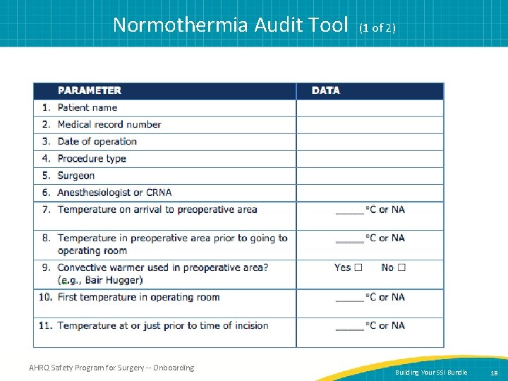 Normothermia Audit Tool (1 of 2) AHRQ Safety Program for Surgery -- Onboarding Building