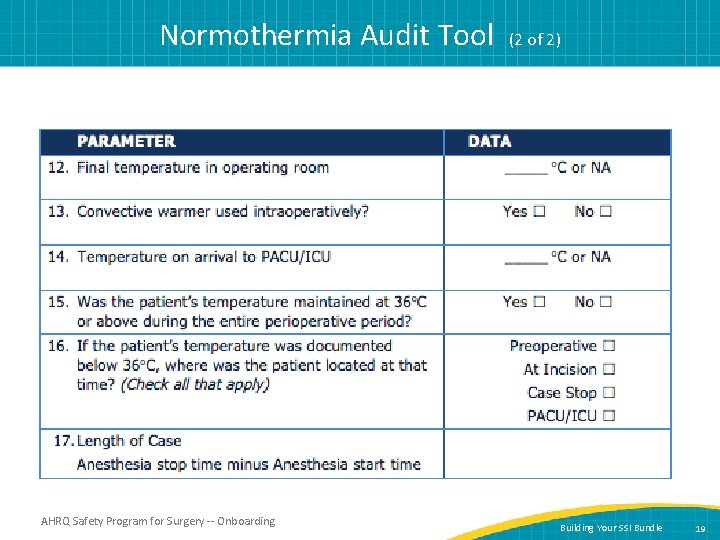 Normothermia Audit Tool (2 of 2) AHRQ Safety Program for Surgery -- Onboarding Building