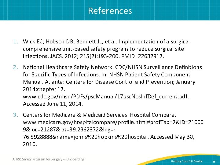 References 1. Wick EC, Hobson DB, Bennett JL, et al. Implementation of a surgical
