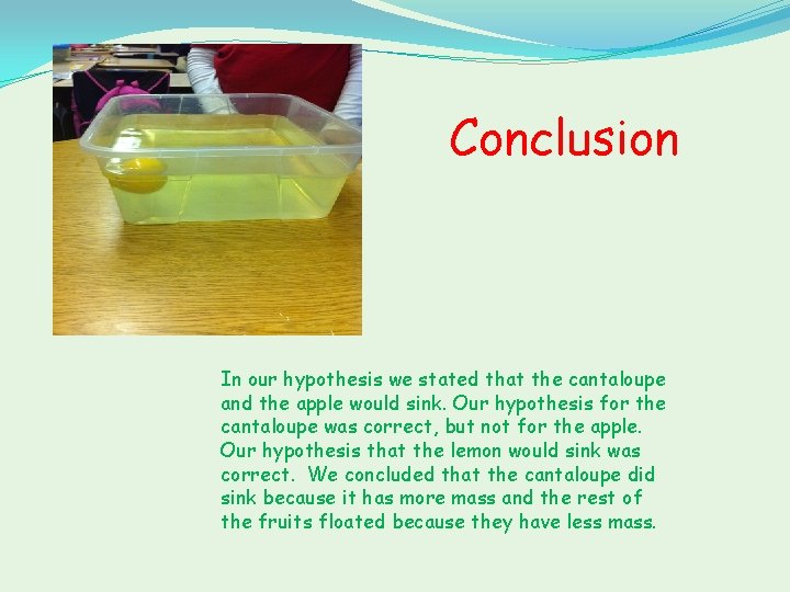 Conclusion In our hypothesis we stated that the cantaloupe and the apple would sink.