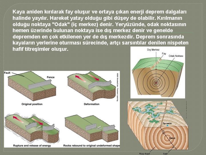 Kaya aniden kırılarak fay oluşur ve ortaya çıkan enerji deprem dalgaları halinde yayılır. Hareket