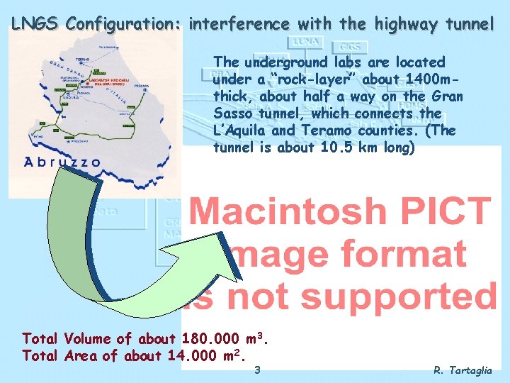 LNGS Configuration: interference with the highway tunnel The underground labs are located under a