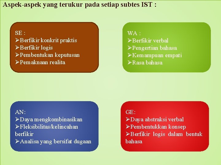 atu Aspek-aspek yang terukur pada setiap subtes IST : · SE : ØBerfikir konkrit