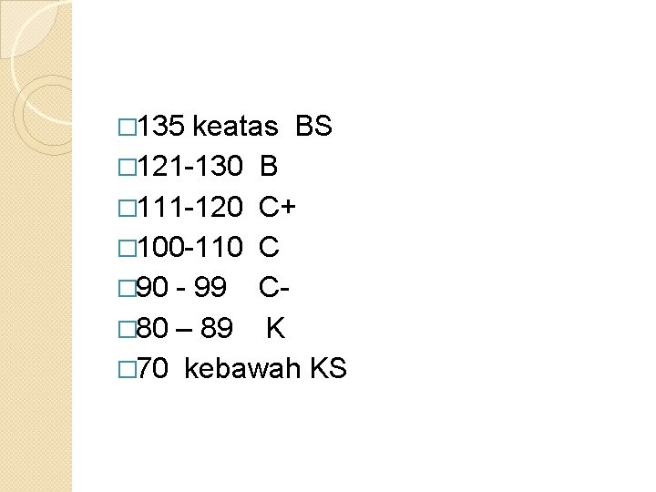 � 135 keatas BS � 121 -130 B � 111 -120 C+ � 100