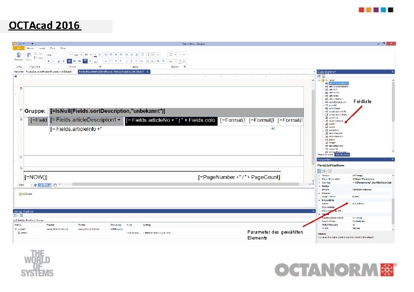 OCTAcad 2016 Feldliste Parameter des gewählten Elements 