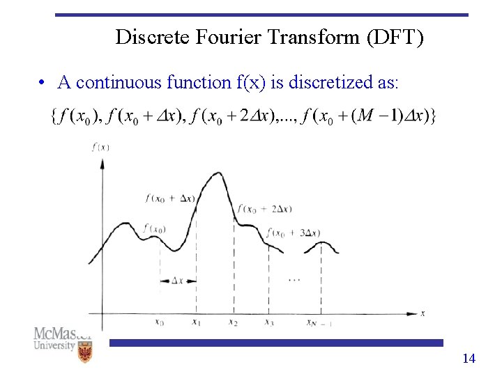 Discrete Fourier Transform (DFT) • A continuous function f(x) is discretized as: 14 