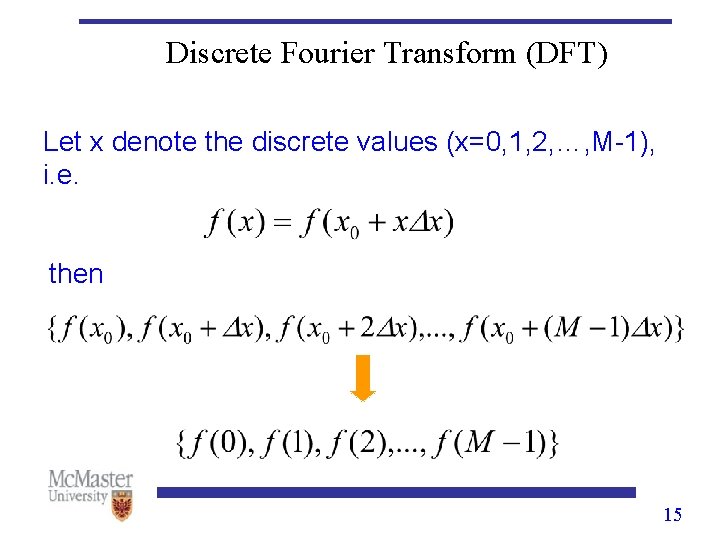 Discrete Fourier Transform (DFT) Let x denote the discrete values (x=0, 1, 2, …,