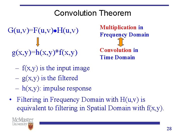 Convolution Theorem G(u, v)=F(u, v)●H(u, v) g(x, y)=h(x, y)*f(x, y) Multiplication in Frequency Domain