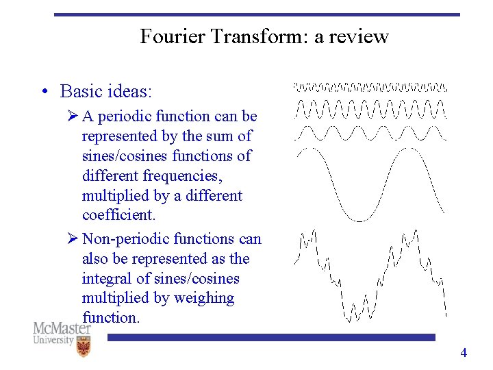 Fourier Transform: a review • Basic ideas: Ø A periodic function can be represented