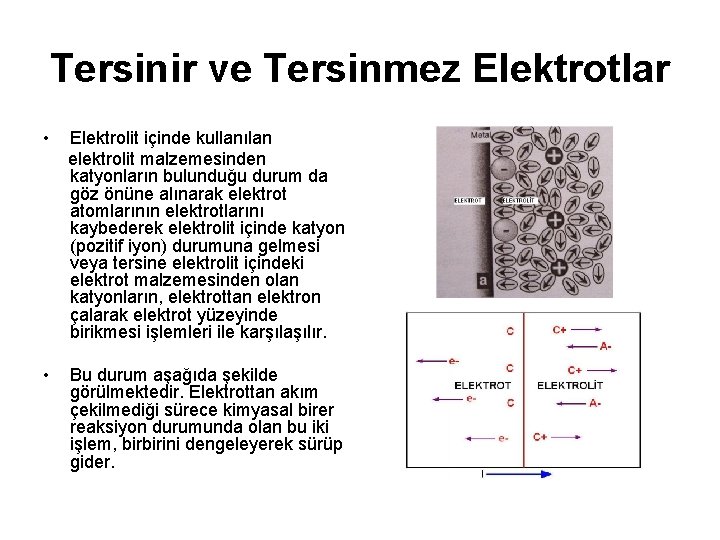 Tersinir ve Tersinmez Elektrotlar • Elektrolit içinde kullanılan elektrolit malzemesinden katyonların bulunduğu durum da
