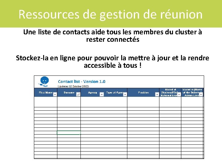 Ressources de gestion de réunion Une liste de contacts aide tous les membres du