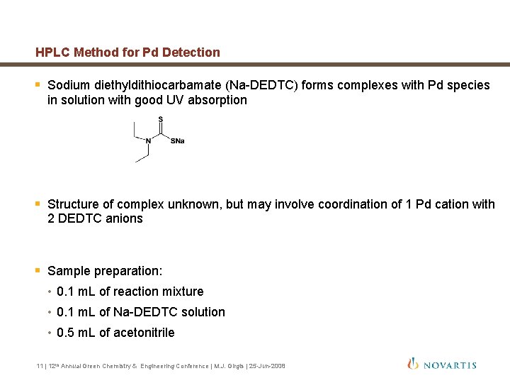 HPLC Method for Pd Detection § Sodium diethyldithiocarbamate (Na-DEDTC) forms complexes with Pd species