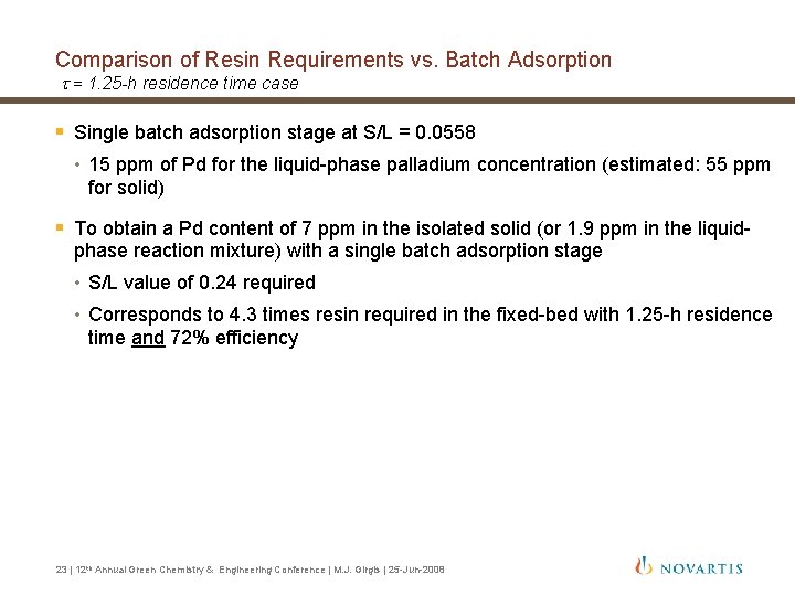 Comparison of Resin Requirements vs. Batch Adsorption t = 1. 25 -h residence time Comparison of Resin Requirements vs. Batch Adsorption t = 1. 25 -h residence time