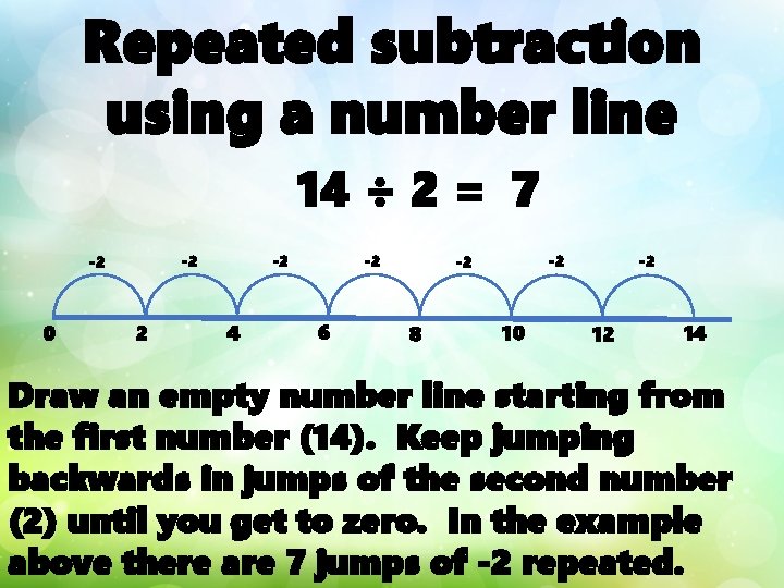 Repeated subtraction using a number line 14 ÷ 2 = 7 -2 -2 0