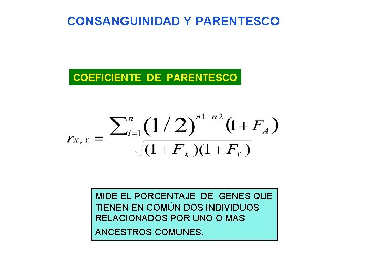 CONSANGUINIDAD Y PARENTESCO COEFICIENTE DE PARENTESCO MIDE EL PORCENTAJE DE GENES QUE TIENEN EN
