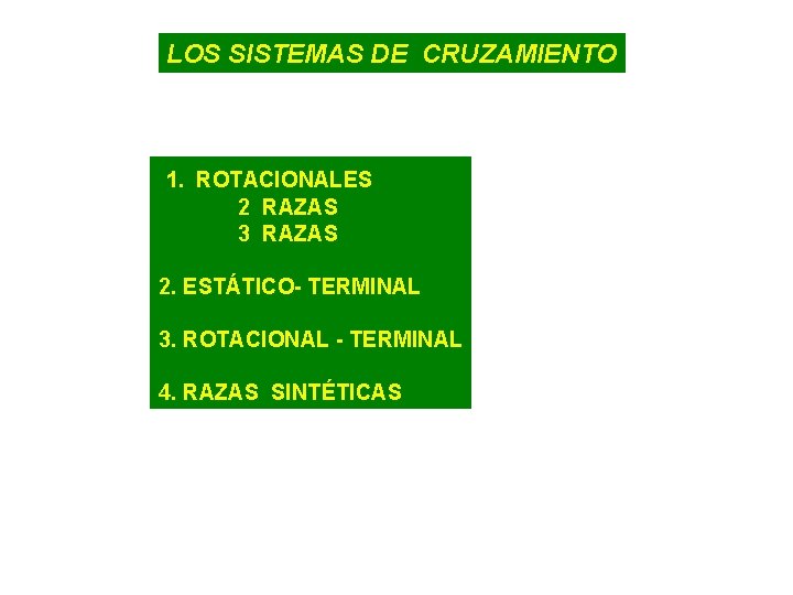 LOS SISTEMAS DE CRUZAMIENTO 1. ROTACIONALES 2 RAZAS 3 RAZAS 2. ESTÁTICO- TERMINAL 3.
