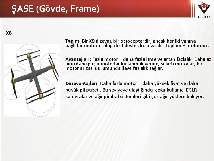 ŞASE (Gövde, Frame) X 8 Tanım: Bir X 8 dizaynı, bir octocopterdir, ancak her