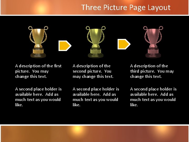Three Picture Page Layout A description of the first picture. You may change this