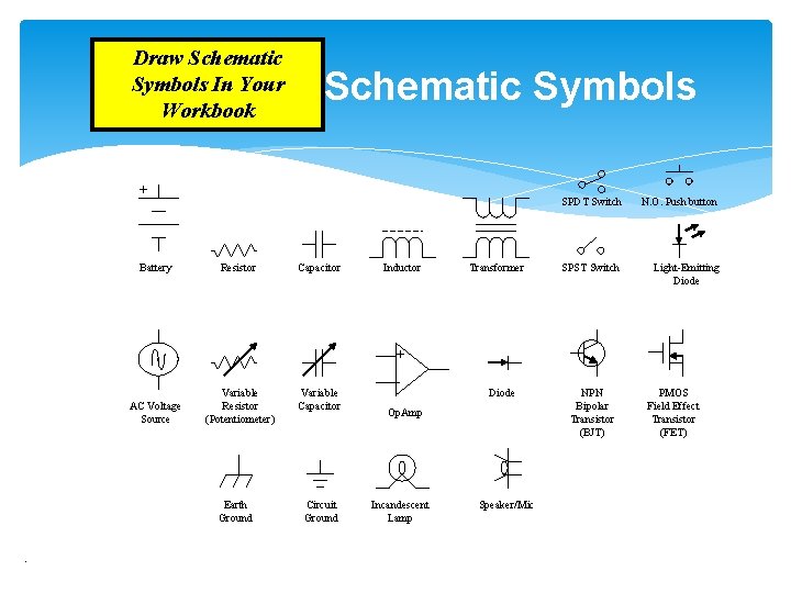 Draw Schematic Symbols In Your Workbook Schematic Symbols + Battery Resistor Capacitor Inductor Transformer