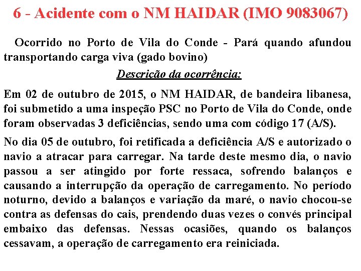 6 - Acidente com o NM HAIDAR (IMO 9083067) Ocorrido no Porto de Vila
