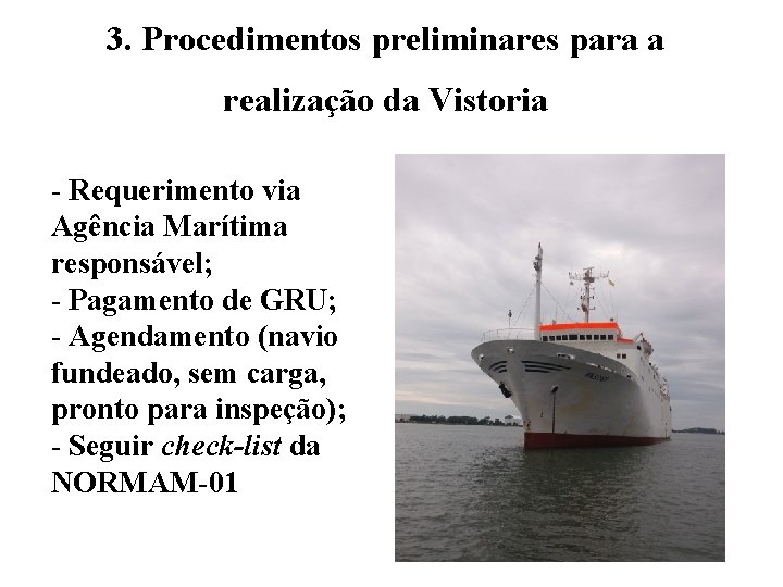 3. Procedimentos preliminares para a realização da Vistoria - Requerimento via Agência Marítima responsável;