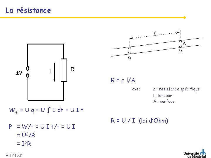La résistance ±V i R R = l/A avec : résistance spécifique l :