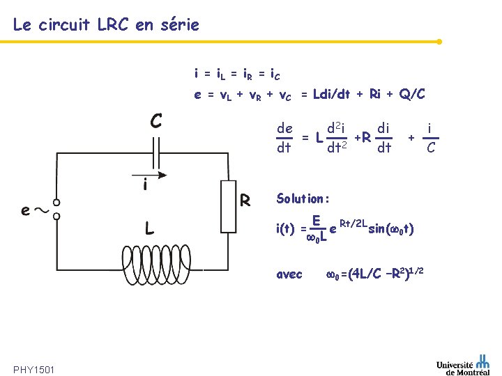 Le circuit LRC en série i = i. L = i. R = i.